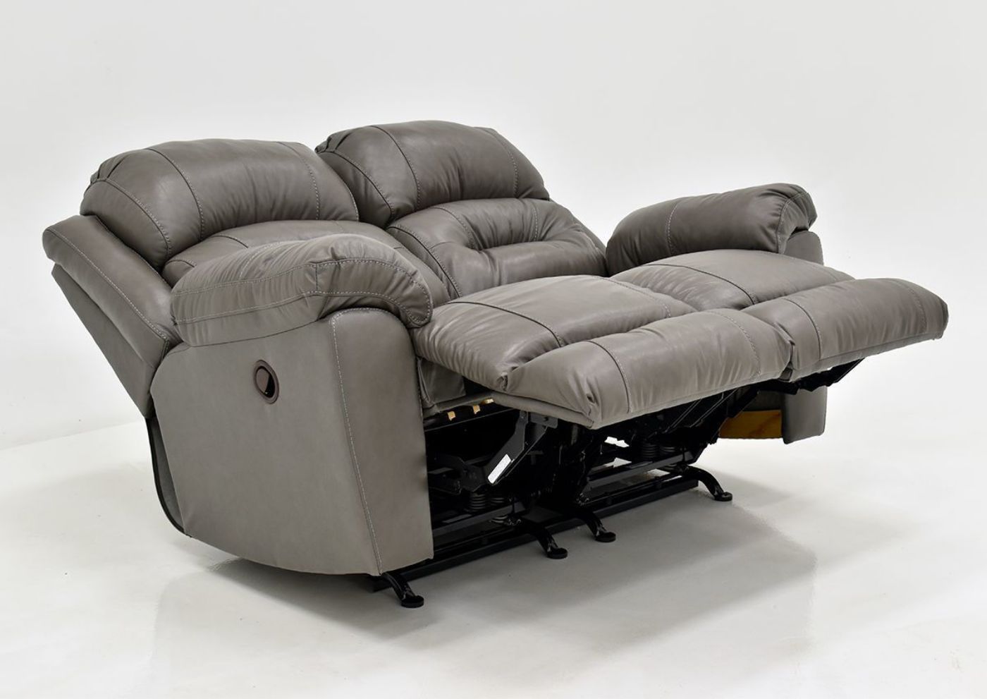 Gray Bellamy Leather Reclining Loveseat by Franklin Furniture, Showing the Angle View in a Fully Reclined Position, Made in the USA | Home Furniture Plus Bedding