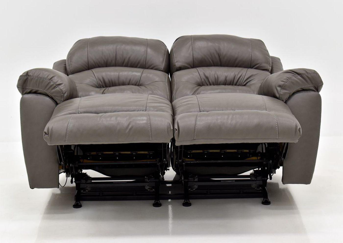 Gray Bellamy Leather Reclining Loveseat by Franklin Furniture, Showing the Front View in a Fully Reclined Position, Made in the USA | Home Furniture Plus Bedding