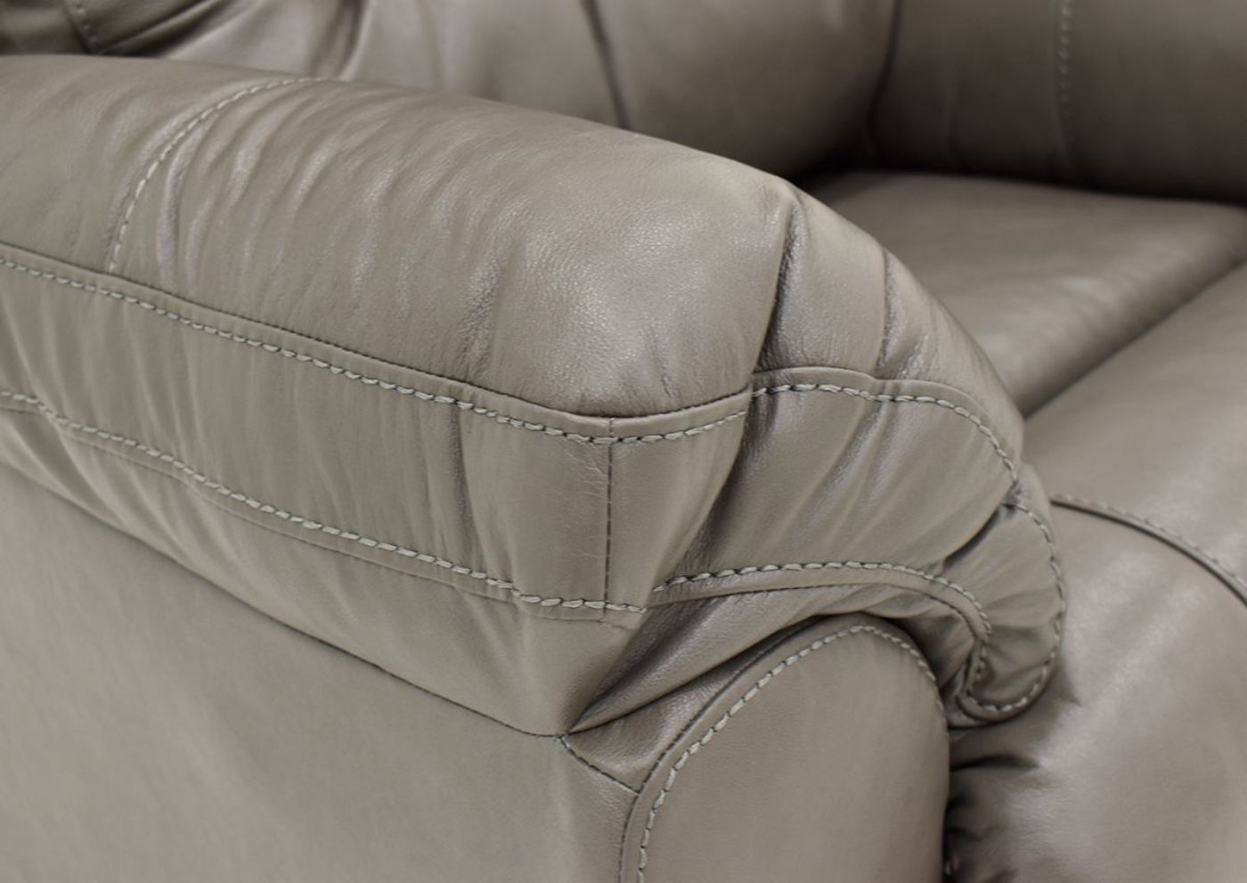 Gray Bellamy Leather Reclining Loveseat by Franklin Furniture, Showing the Pillow Arm Detail, Made in the USA | Home Furniture Plus Bedding