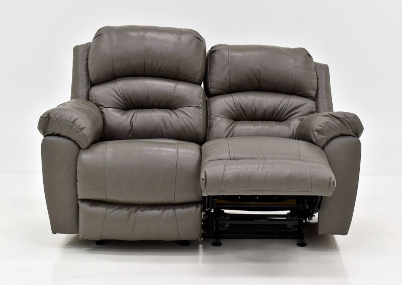 Gray Bellamy POWER Reclining Leather Loveseat by Franklin Furniture, Showing the Front View With One Recliner Open, Made in the USA | Home Furniture Plus Bedding