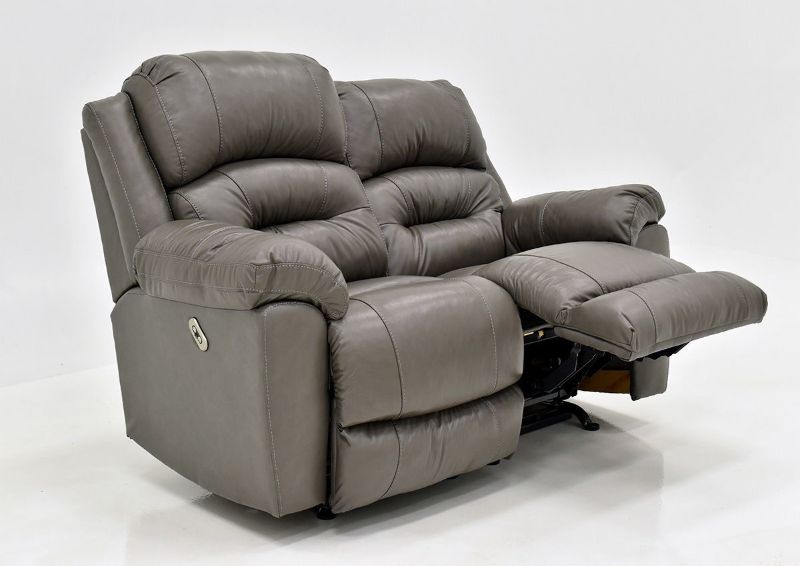 Gray Bellamy POWER Reclining Leather Loveseat by Franklin Furniture, Showing the Angle View With One Recliner Open, Made in the USA | Home Furniture Plus Bedding