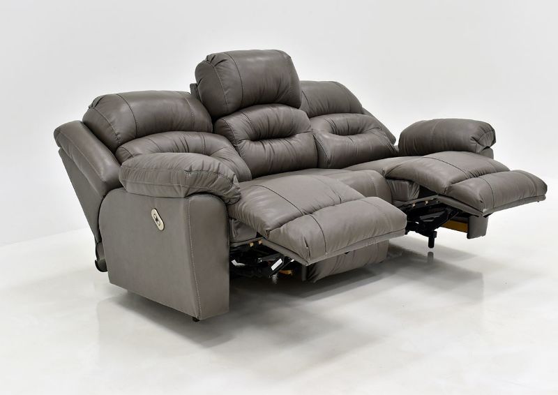 Gray Bellamy POWER Reclining Leather Sofa Set by Franklin Furniture, Showing the Sofa at an Angle in a Fully Reclined Position, Made in the USA | Home Furniture Plus Bedding