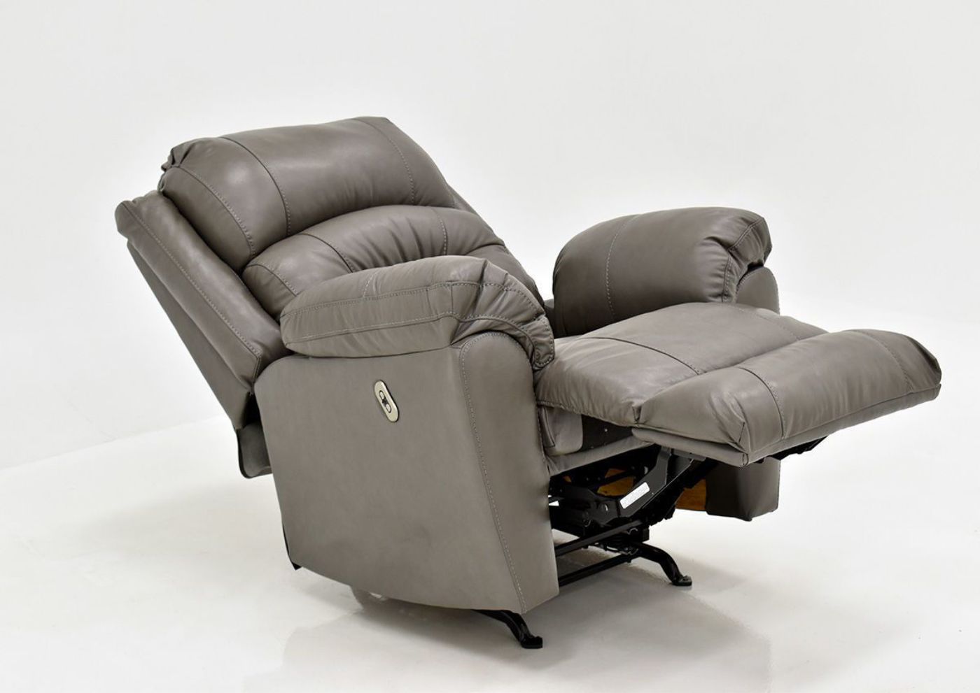 Gray Bellamy POWER Reclining Leather Sofa Set by Franklin Furniture, Showing the Recliner at an Angle in a Fully Reclined Position, Made in the USA | Home Furniture Plus Bedding