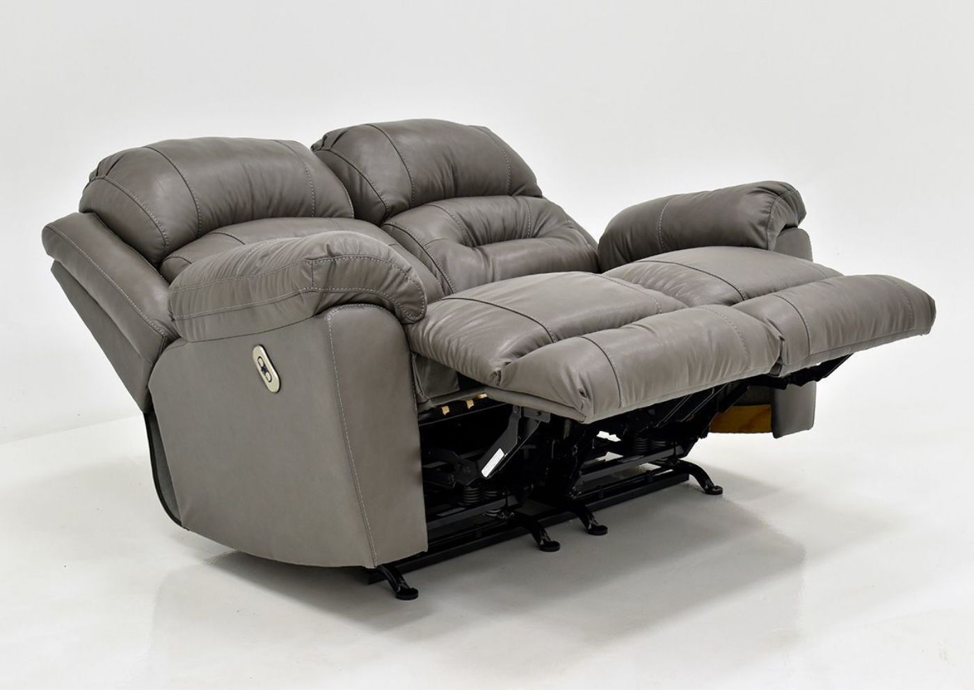 Gray Bellamy POWER Reclining Leather Sofa Set by Franklin Furniture, Showing the Loveseat at an Angle in a Fully Reclined Position, Made in the USA | Home Furniture Plus Bedding