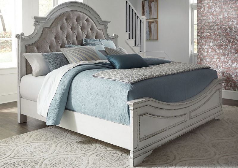 Antique White Magnolia Manor King Size Upholstered Bed by Liberty Furniture Showing the Room View | Home Furniture Plus Bedding