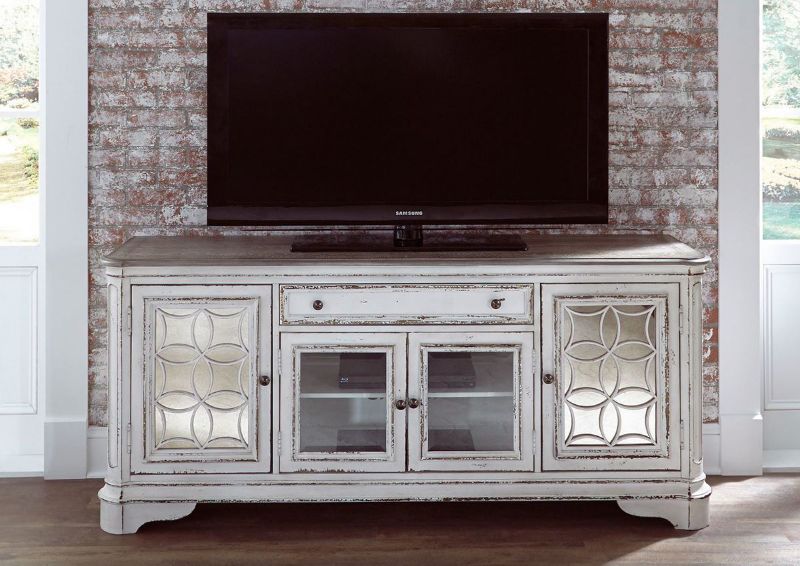 Antique White Magnolia Manor 74 Inch TV Stand by Liberty Furniture, Showing a Room View | Home Furniture Plus Bedding