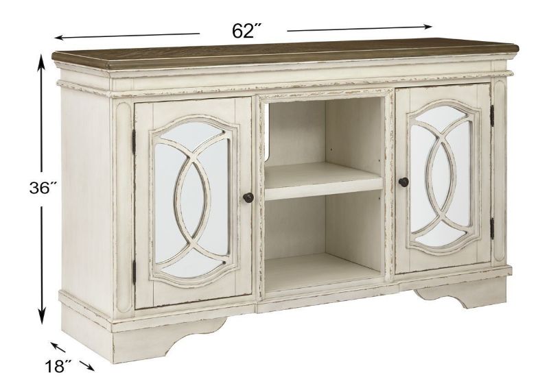 Antique White Realyn 62 Inch TV Stand by Ashley, Showing the Dimensions | Home Furniture Plus Bedding