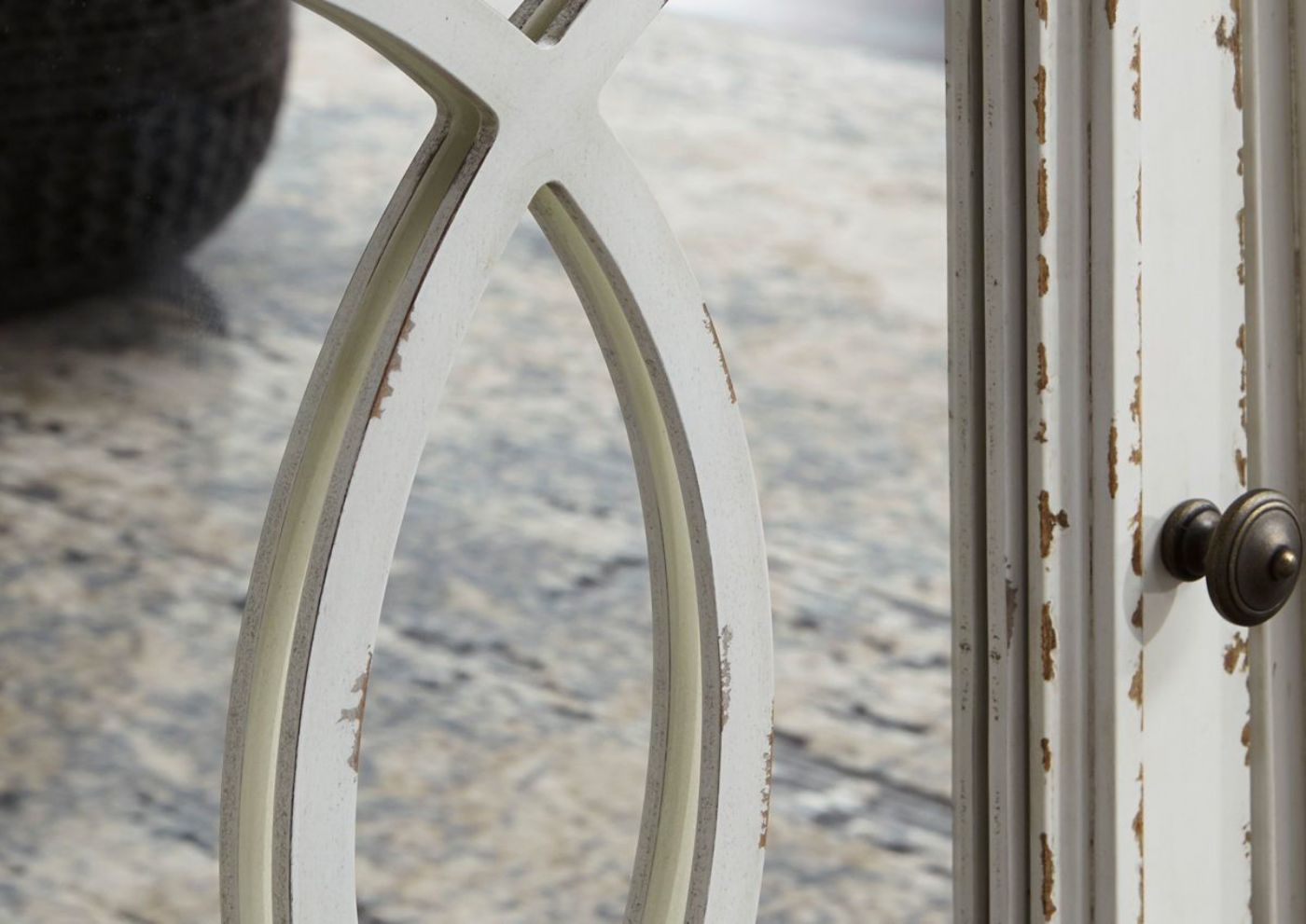 Antique White Realyn 62 Inch TV Stand by Ashley, Showing the Door Detail | Home Furniture Plus Bedding