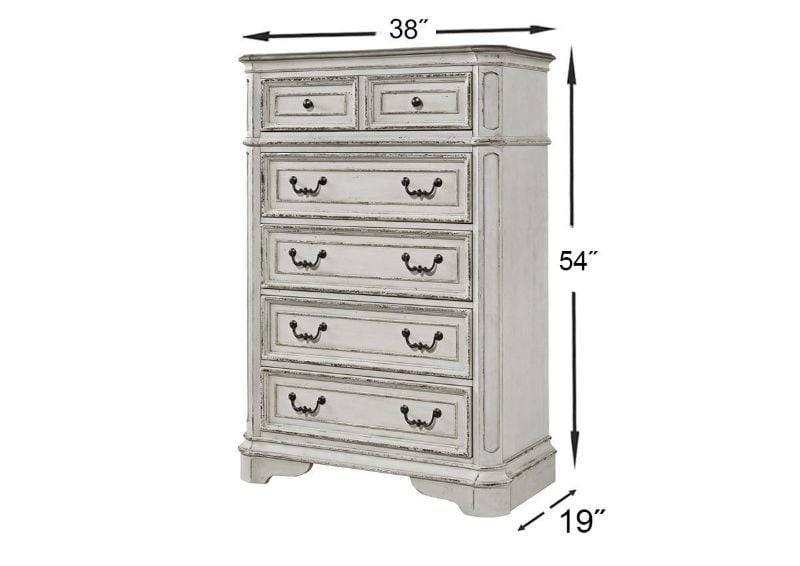 Antique White Magnolia Manor 5 Drawer Chest of Drawers by Liberty Furniture Showing the Dimensions | Home Furniture Plus Bedding