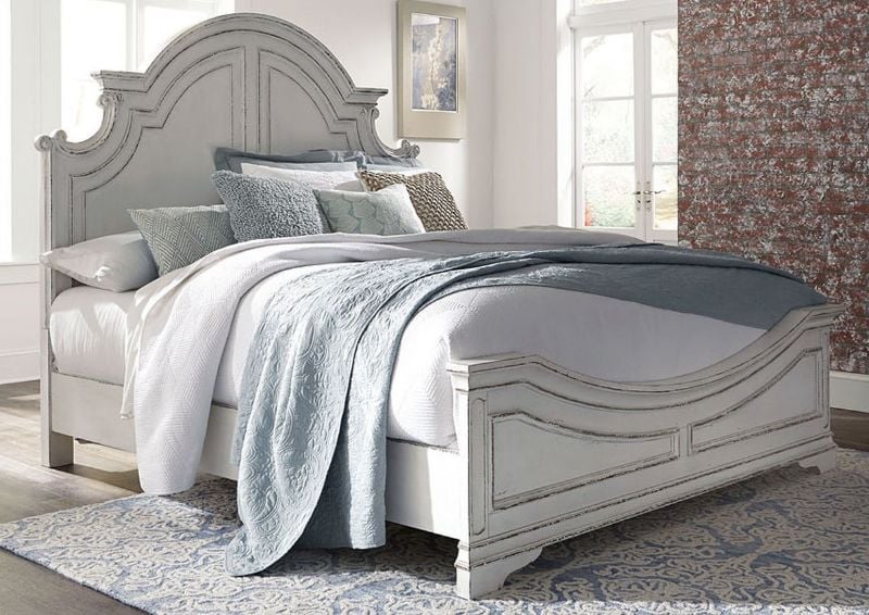 Antique White Magnolia Manor Queen Size Panel Bed by Liberty Furniture Showing the Room View | Home Furniture Plus Bedding
