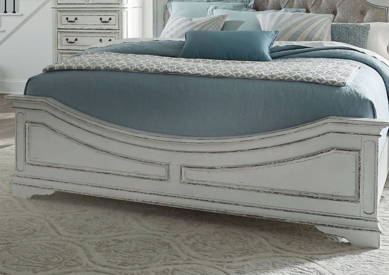 Antique White Magnolia Manor King Size Upholstered Bed by Liberty Furniture Showing the Panel Footboard Angle View | Home Furniture Plus Bedding