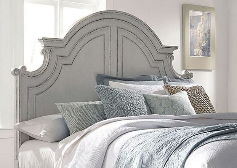 Antique White Magnolia Manor King Size Panel Bed by Liberty Furniture Showing the Headboard | Home Furniture Plus Bedding