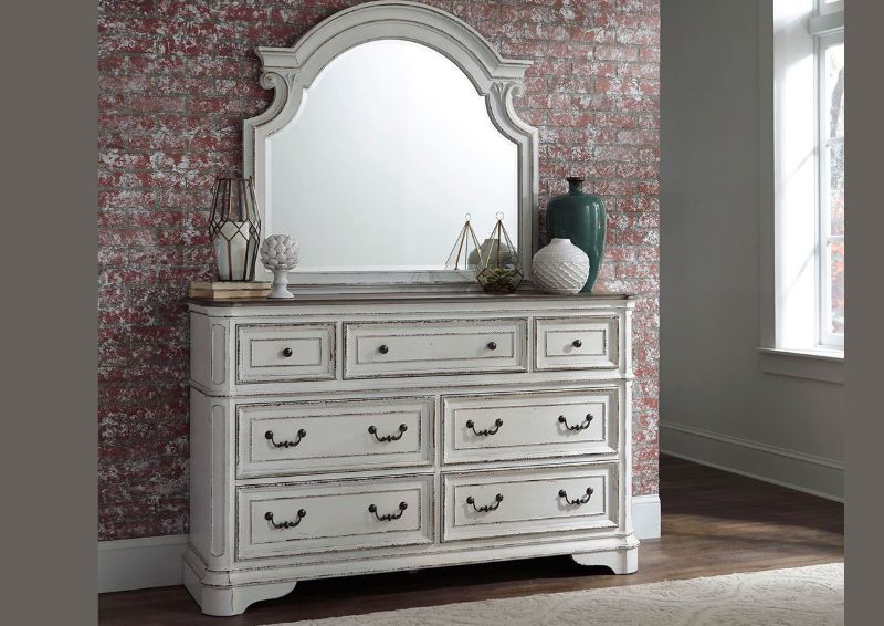 Antique White Magnolia Manor Dresser with Mirror by Liberty Furniture Showing the Room View | Home Furniture Plus Bedding