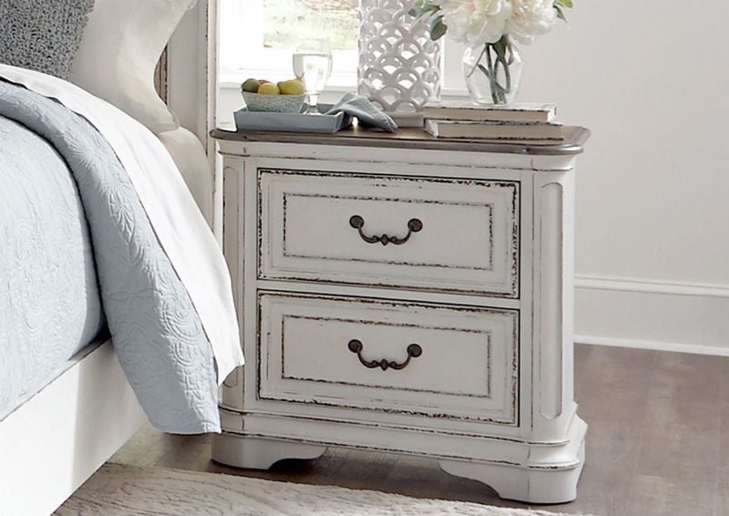 Antique White Magnolia Manor 2 Drawer Nightstand by Liberty Furniture Showing a Room View | Home Furniture Plus Bedding