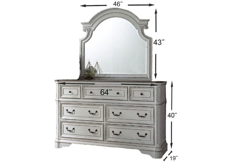 Antique White Magnolia Manor Queen Size Upholstered Bedroom Set by Liberty Furniture Showing the Dresser with Mirror Dimensions | Home Furniture Plus Bedding