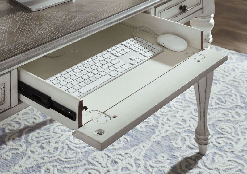 Antique White Magnolia Manor Writing Desk by Liberty Furniture Showing the Computer Desk Drawer in the Open Position | Home Furniture Plus Bedding