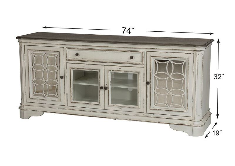 Antique White Magnolia Manor 74 Inch TV Stand by Liberty Furniture, Showing the Angle View | Home Furniture Plus Bedding