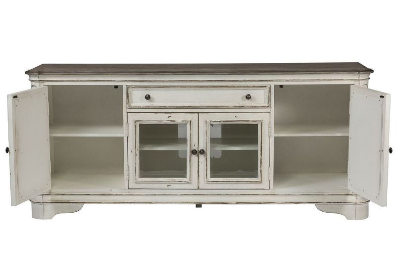 Antique White Magnolia Manor 74 Inch TV Stand by Liberty Furniture, Showing the Front View With Doors Open | Home Furniture Plus Bedding