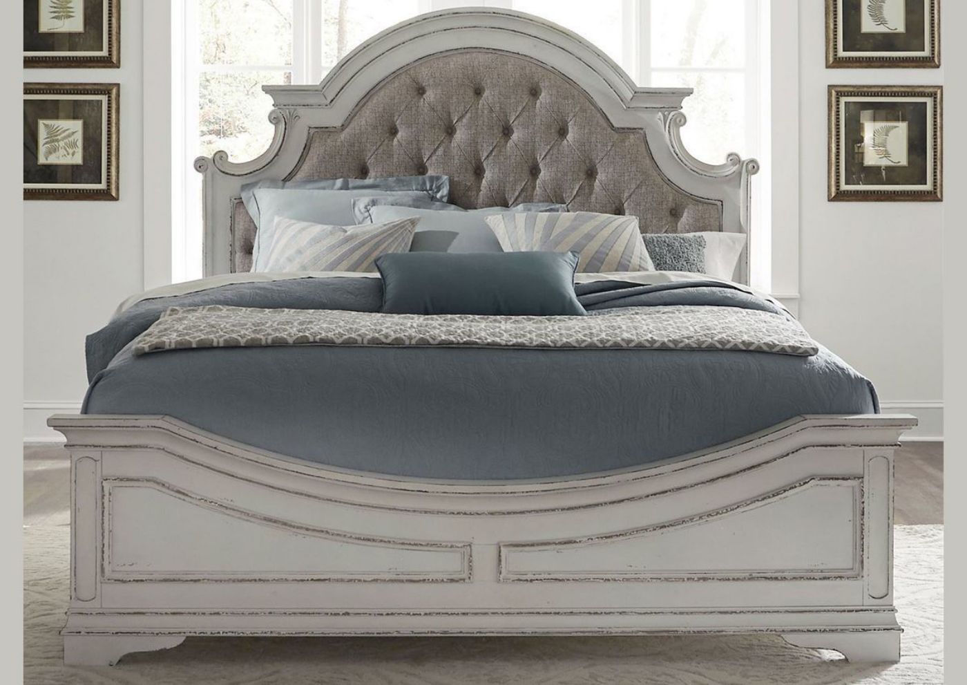 Antique White Magnolia Manor Queen Size Upholstered Bed by Liberty Furniture Showing the Upholstered Bed Room View From the Front | Home Furniture Plus Bedding