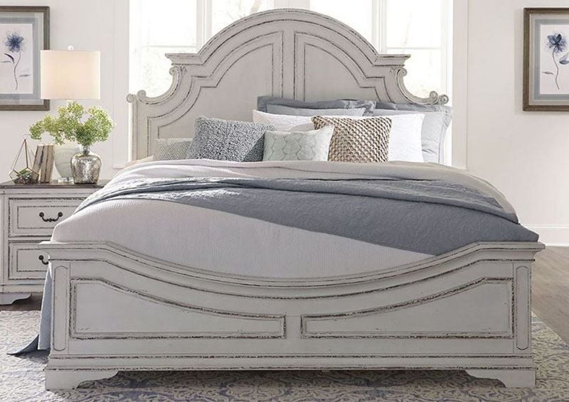 Antique White Magnolia Manor Queen Size Panel Bed by Liberty Furniture Showing the Bed Room View Facing Front | Home Furniture Plus Bedding