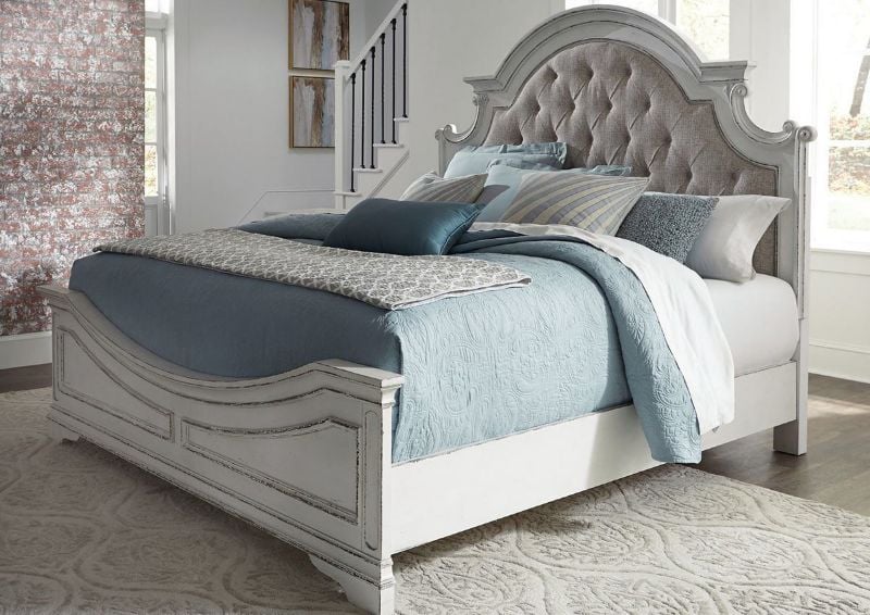 Antique White Magnolia Manor King Size Upholstered Bedroom Set by Liberty Furniture Showing the Bed Room View at an Angle | Home Furniture Plus Bedding