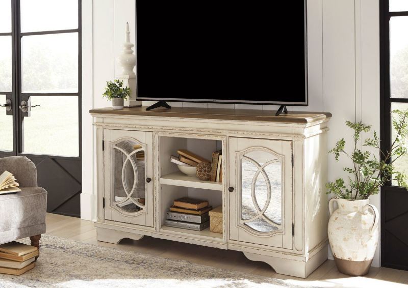 Antique White Realyn 62 Inch TV Stand by Ashley, Showing the Room View | Home Furniture Plus Bedding