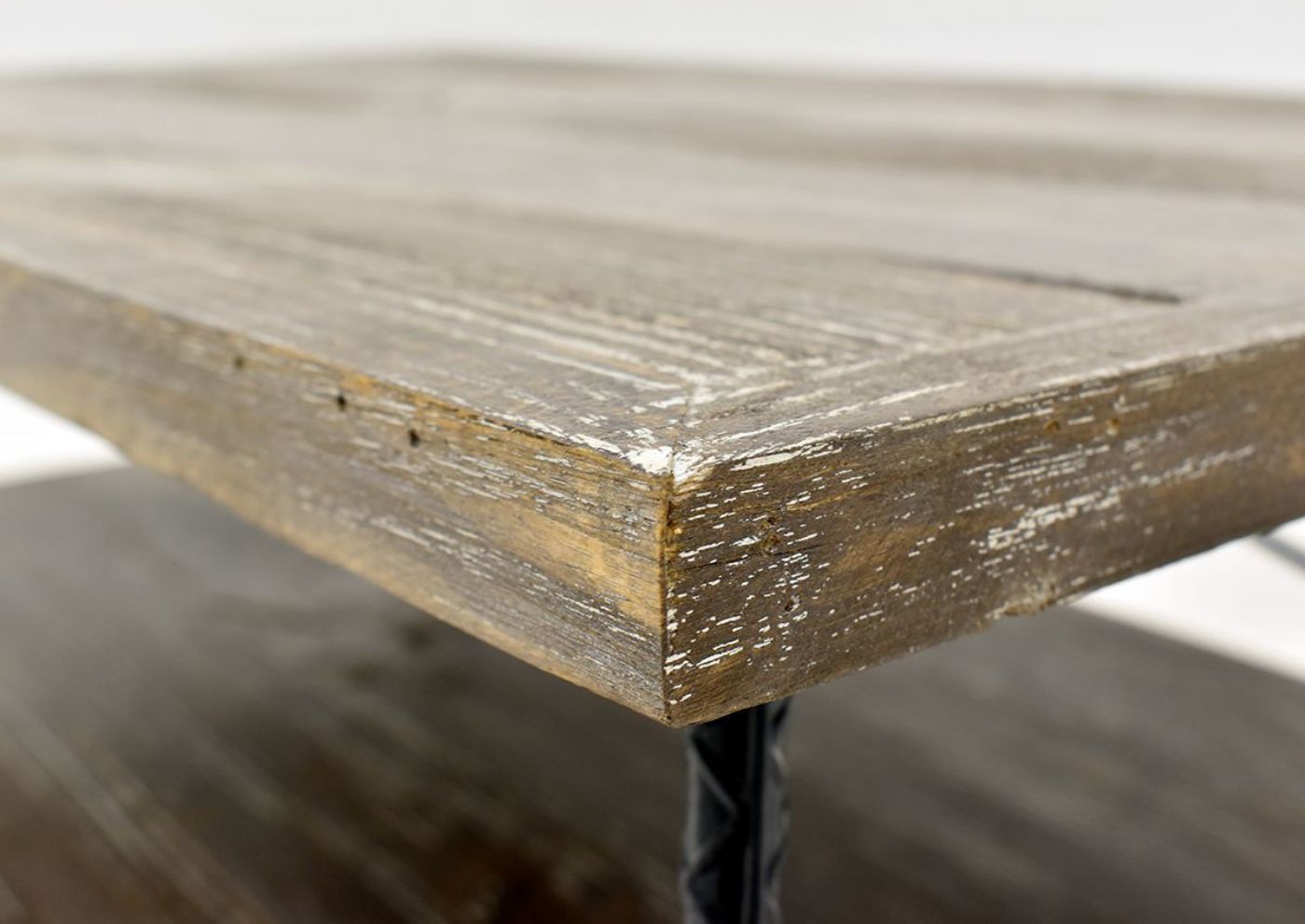 Barn Wood Brown Industrial Coffee Table by Vintage Furniture, Showing the Table Corner | Home Furniture Plus Bedding