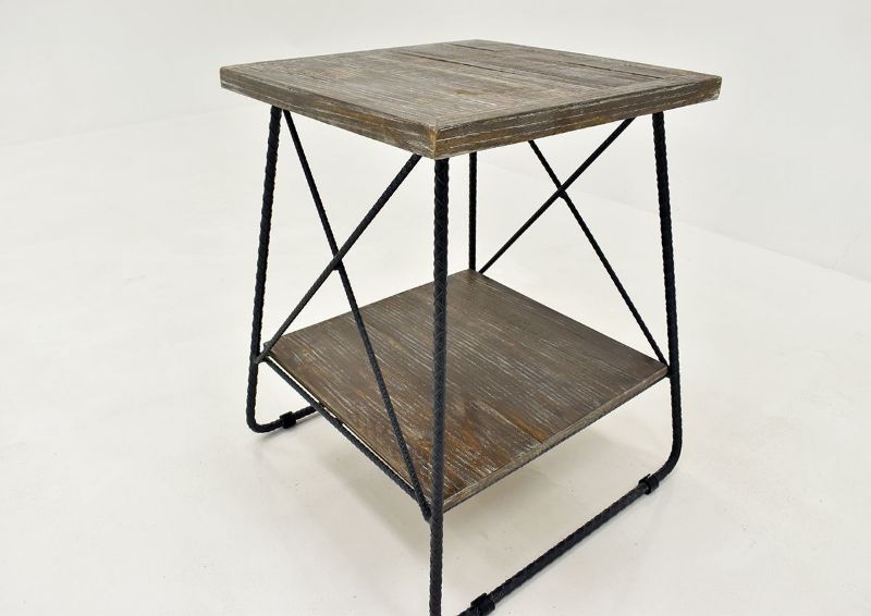 Barn Wood Brown Industrial End Table by Vintage Furniture, Showing the Angle View | Home Furniture Plus Bedding