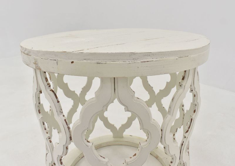 Off White Brocade End Table by Vintage Furniture, Showing the Top Edge and Lattice Work | Home Furniture Plus Bedding