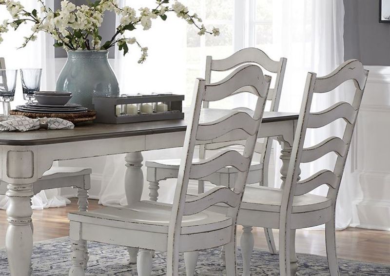 Antique White Magnolia Manor 7 Piece Dining Table Set by Liberty Furnishings, Showing the Room View Details Showing the Chair Backs | Home Furniture Plus Bedding