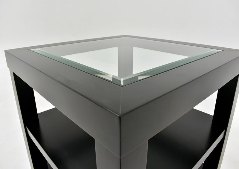Black Urban End Table by Jofran Showing the Beveled Glass Top | Home Furniture Plus Bedding
