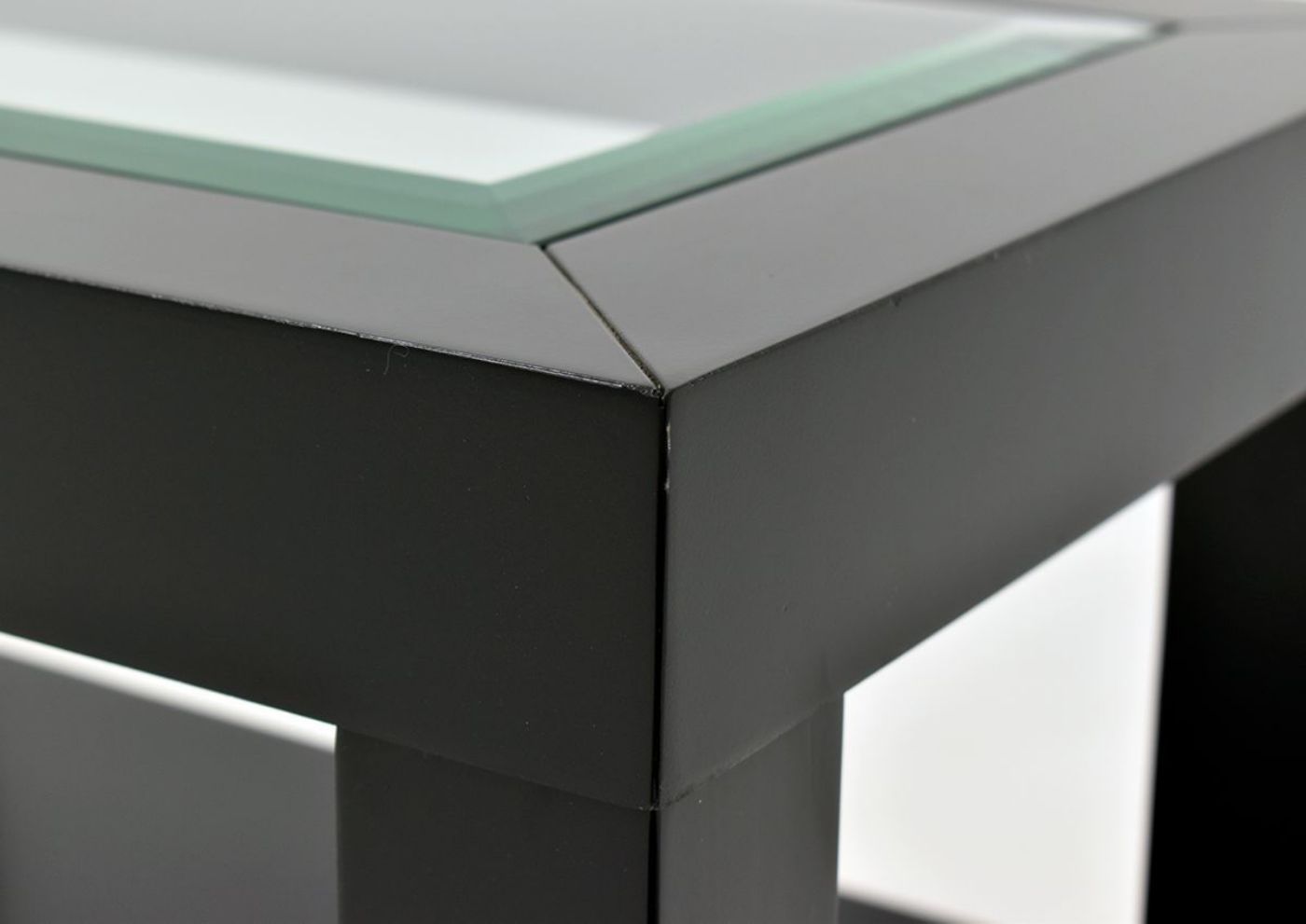 Black Urban Chairside Table by Jofran Showing the Beveled Glass Top | Home Furniture Plus Bedding