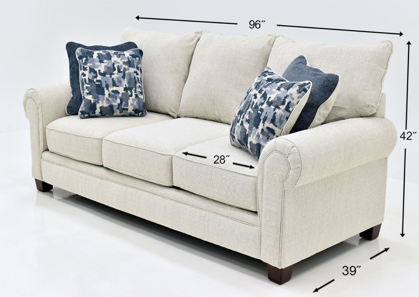 Off White Dante Flax Sofa by Albany Showing the Dimensions, Made in the USA | Home Furniture Plus Bedding