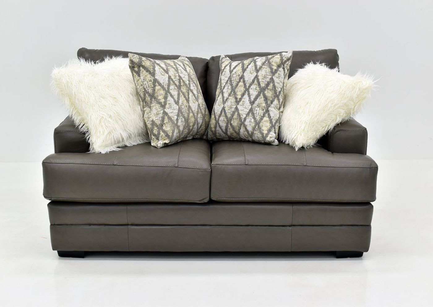 Warm Gray Lizette Leather Loveseat by Franklin Furniture Showing the Front View, Made in the USA | Home Furniture Plus Bedding