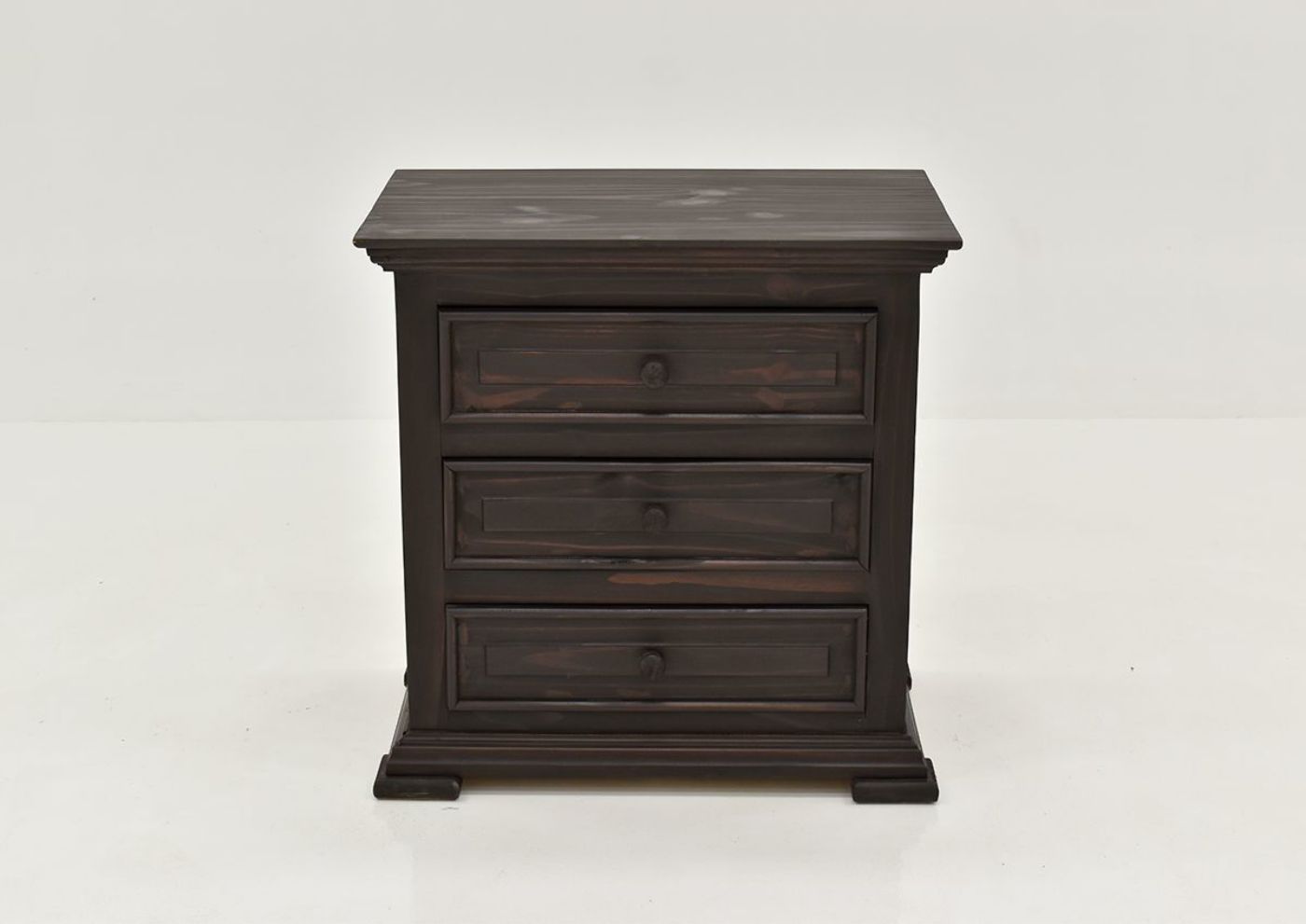 Dark Brown Chalet 3 Drawer Nightstand by Vintage Showing the Front View | Home Furniture Plus Bedding