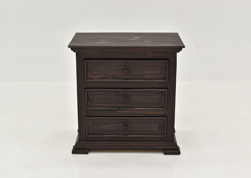 Dark Brown Chalet 3 Drawer Nightstand by Vintage Showing the Front View | Home Furniture Plus Bedding