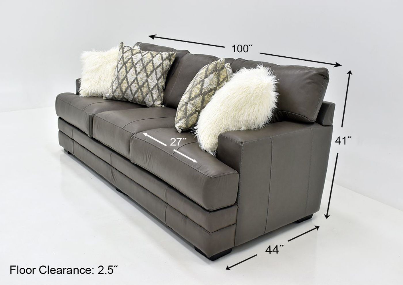 Warm Gray Lizette Leather Sofa by Franklin Furniture Showing the Dimensions, Made in the USA | Home Furniture Plus Bedding