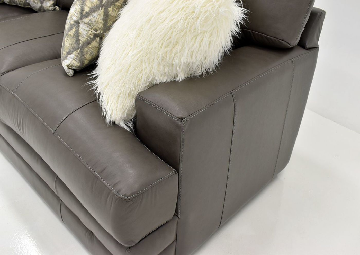Warm Gray Lizette Leather Sofa by Franklin Furniture Showing the Arm Detail, Made in the USA | Home Furniture Plus Bedding