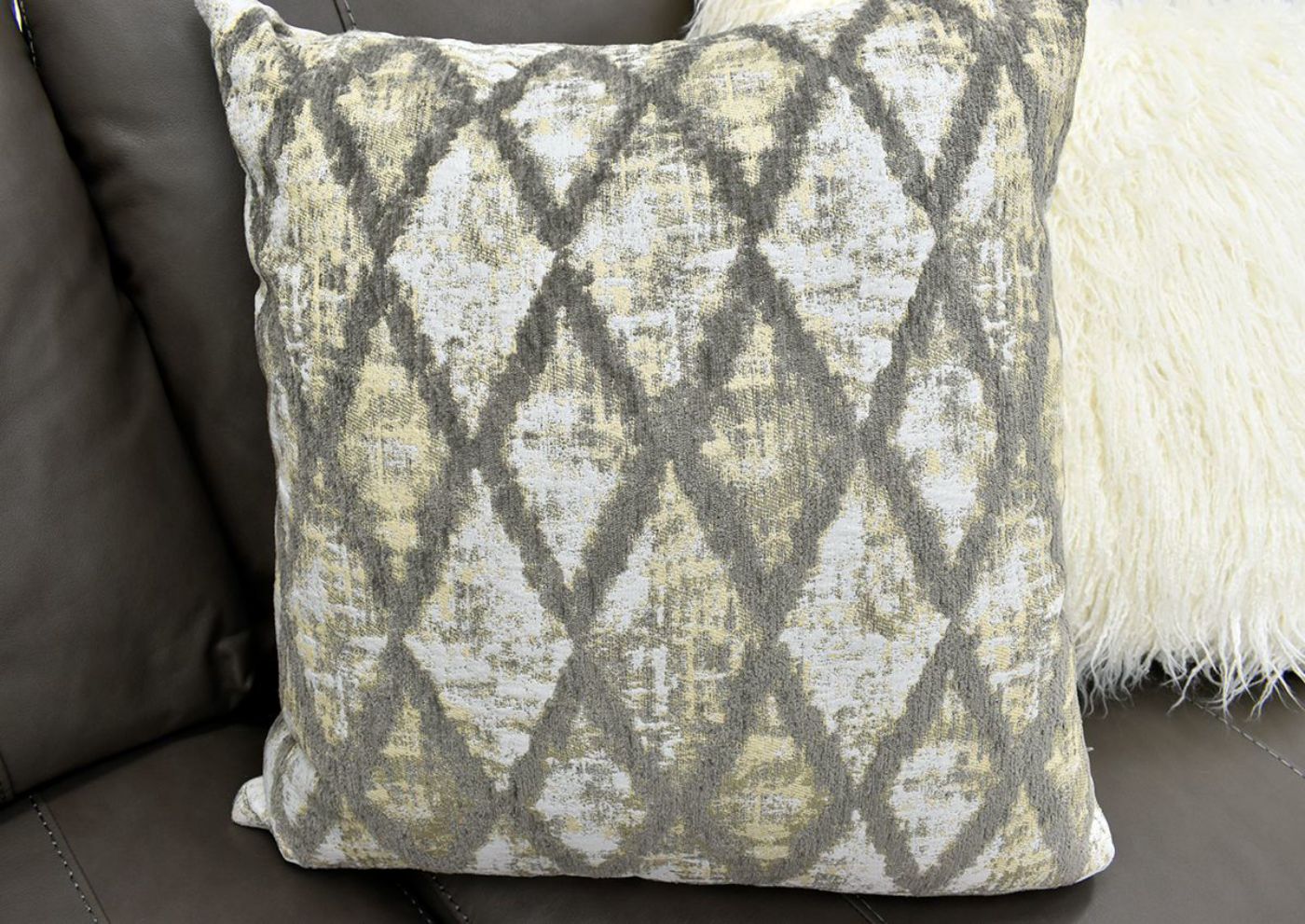 Warm Gray Lizette Leather Sofa by Franklin Furniture Showing the Patterned Accent Pillow, Made in the USA | Home Furniture Plus Bedding