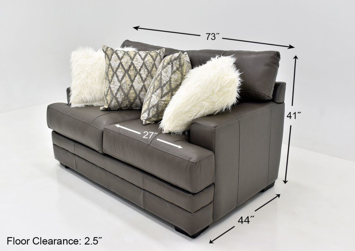Warm Gray Lizette Leather Loveseat by Franklin Furniture Showing the Dimensions, Made in the USA | Home Furniture Plus Bedding