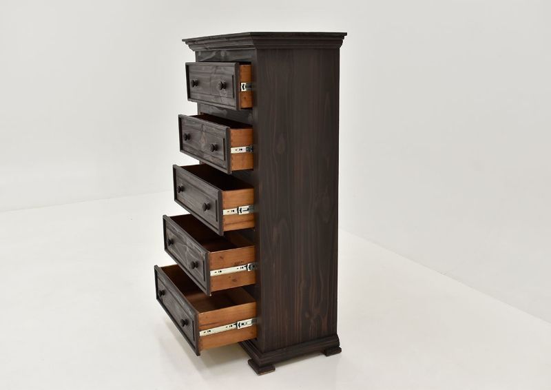 Dark Brown Chalet Chest of Drawers by Vintage Showing the Angle View With the Drawers Open | Home Furniture Plus Bedding