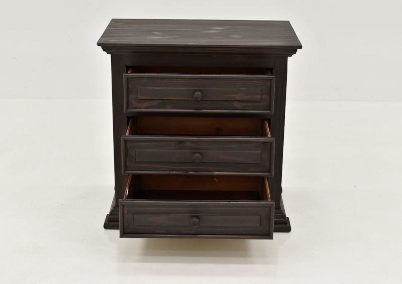 Dark Brown Chalet 3 Drawer Nightstand by Vintage Showing the Front View With Drawers Open | Home Furniture Plus Bedding