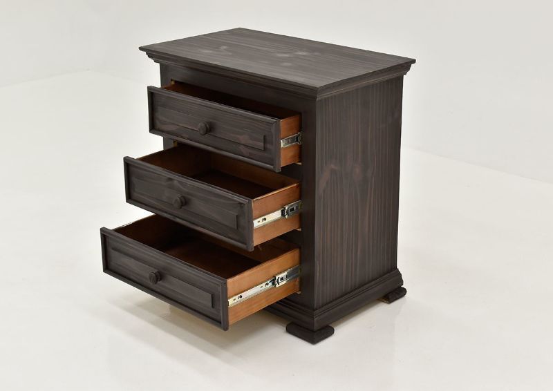 Dark Brown Chalet 3 Drawer Nightstand by Vintage Showing the Angle View With Drawers Open | Home Furniture Plus Bedding