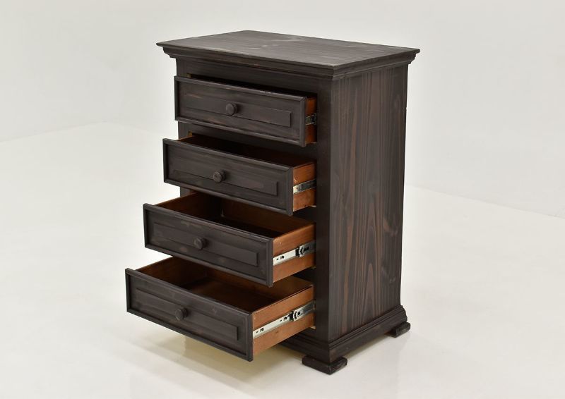Dark Brown Chalet 4 Drawer Nightstand by Vintage Showing the  Angle View With the Drawers Open | Home Furniture Plus Bedding