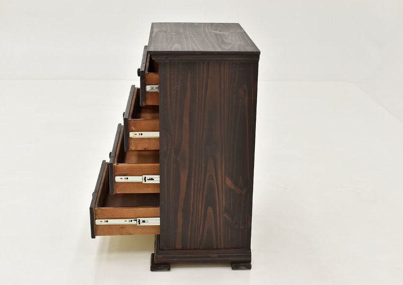 Dark Brown Chalet 4 Drawer Nightstand by Vintage Showing the Side View With the Drawers Open | Home Furniture Plus Bedding