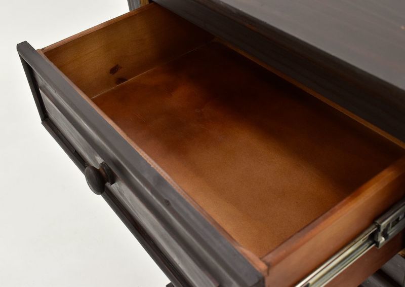 Dark Brown Chalet 4 Drawer Nightstand by Vintage Showing the Drawer Interior | Home Furniture Plus Bedding