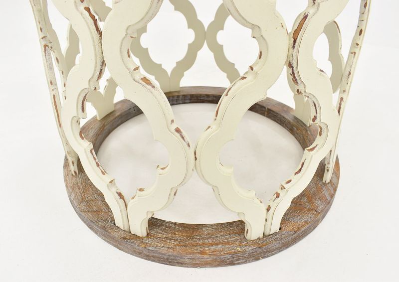 Brown and White Brocade End Table by Vintage Furniture Showing the Base Detail | Home Furniture Plus Bedding