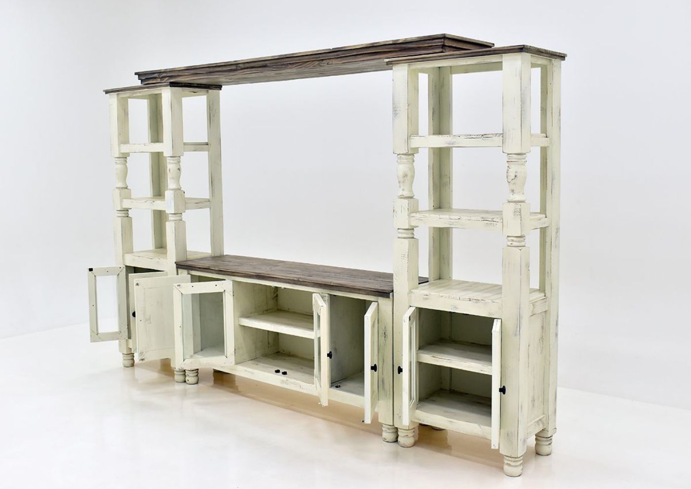 White Martha Entertainment Center by Vintage Furniture Showing the Angle View with Doors Open| Home Furniture Plus Bedding