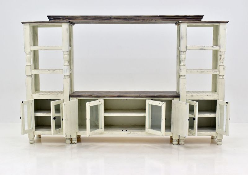 White Martha Entertainment Center by Vintage Furniture Showing the Front View with Doors Open| Home Furniture Plus Bedding