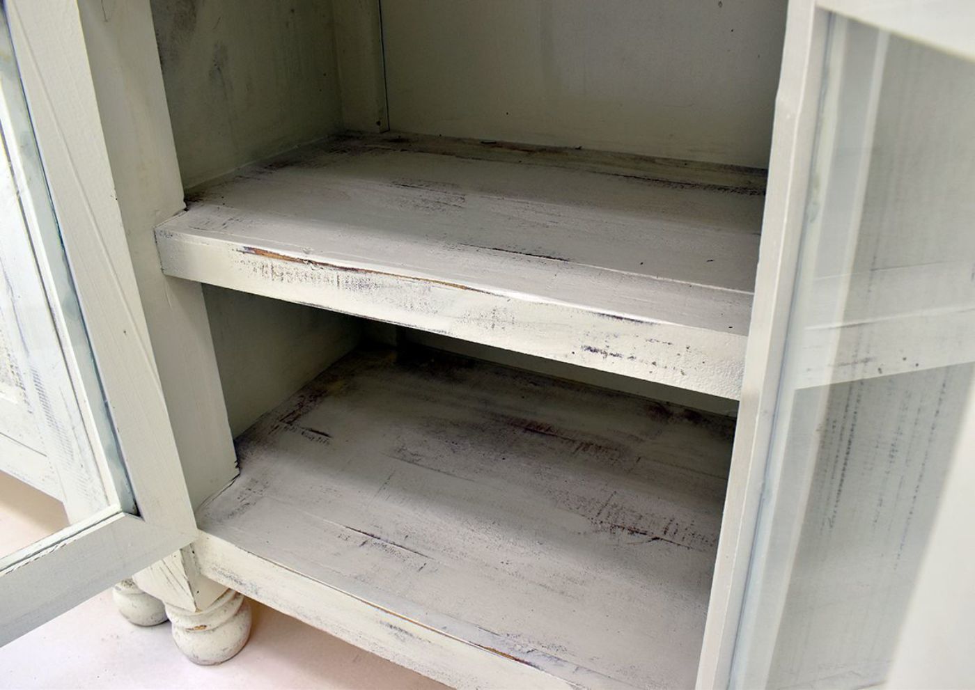 White Martha Entertainment Center by Vintage Furniture Showing the Cabinet Interior Shelves | Home Furniture Plus Bedding